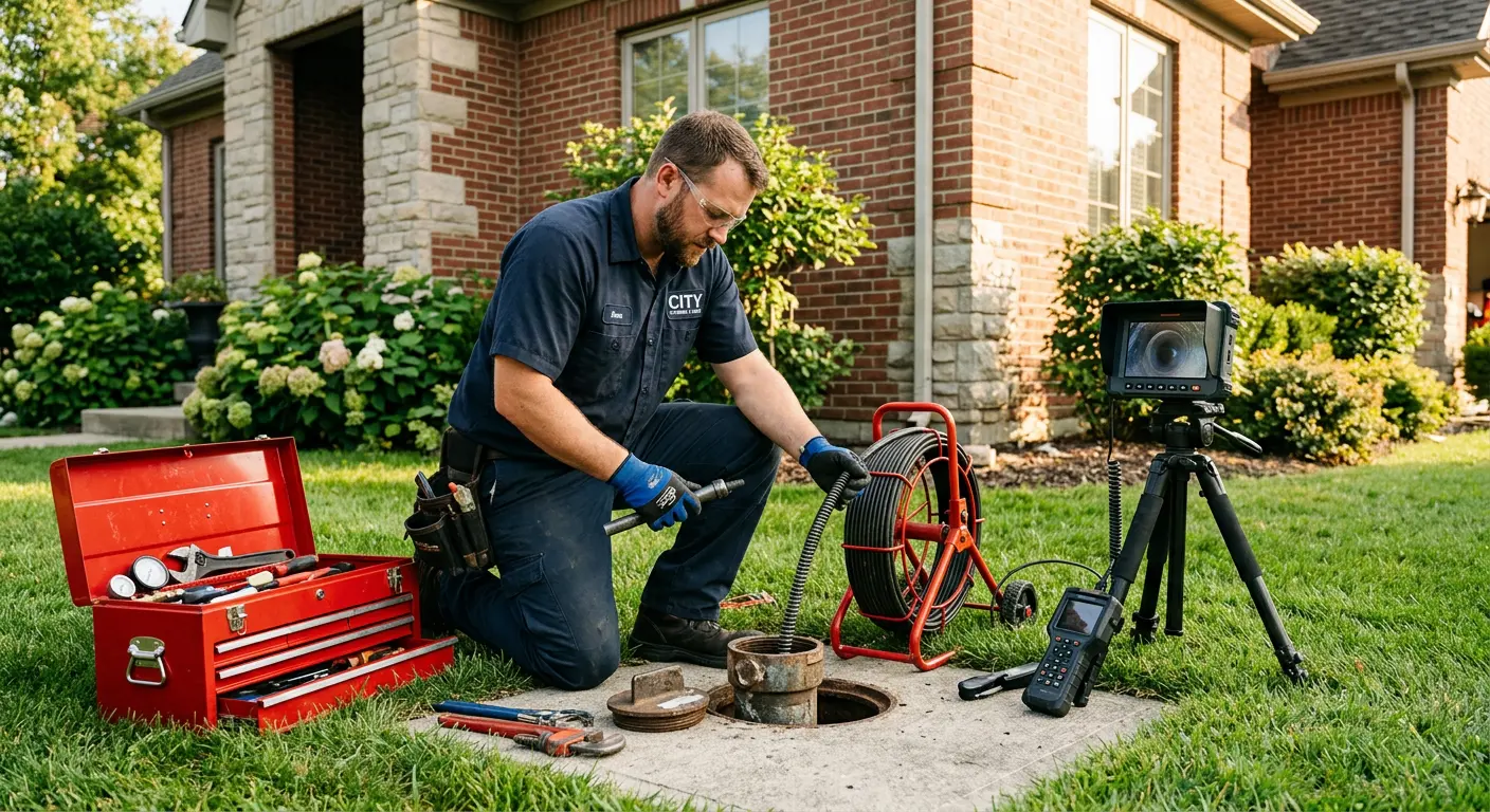 Sewer specialist with camera equipment servicing a cleanout in Bangor