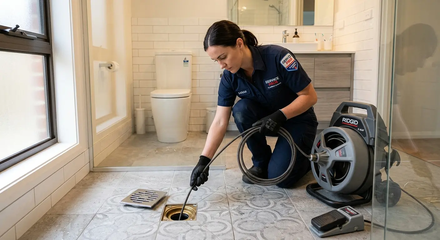 Technician clearing a bathroom floor drain for Drain Cleaning in Bangor